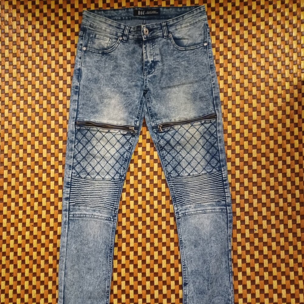 ROK Men'S Biker Jeans Acid Wash Blue Size W30 L32